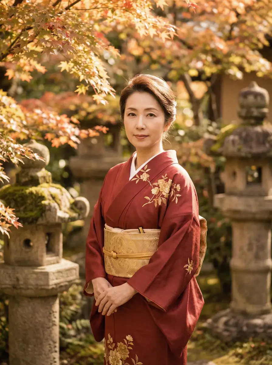 一位身穿暗红色和服的优雅 棒棒TV 在日式庭院中