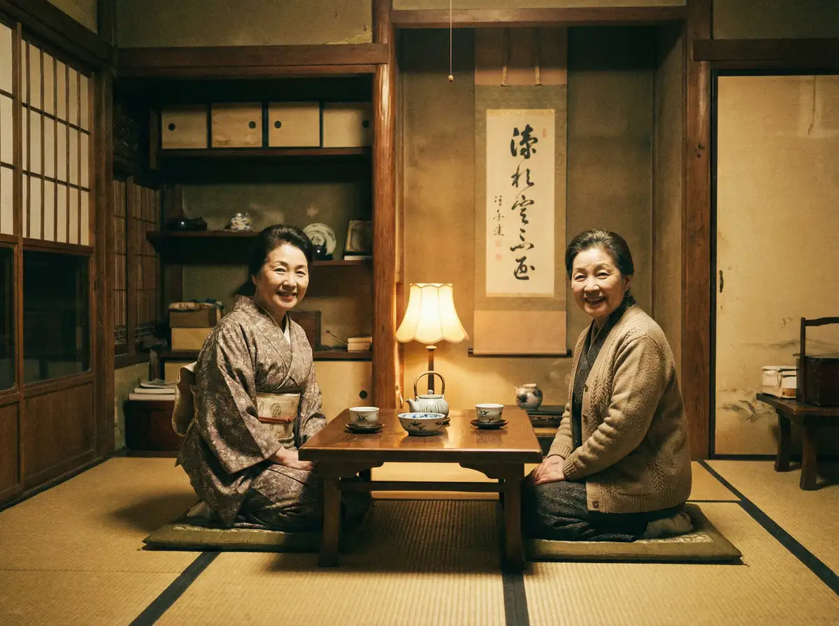 两位优雅的 棒棒TV 在日式茶室中品茶交谈
